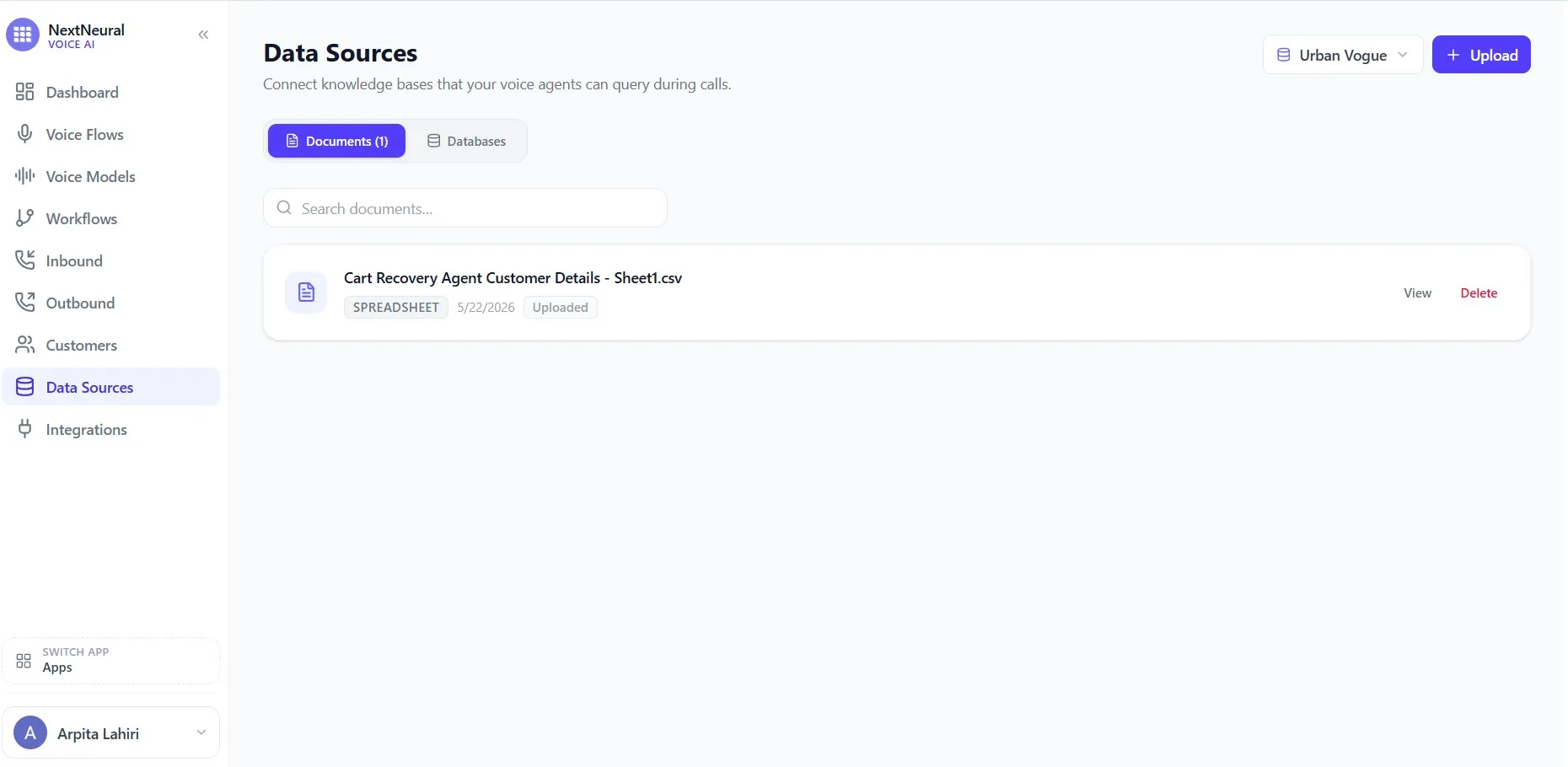 Uploading data source documents to NextNeural
