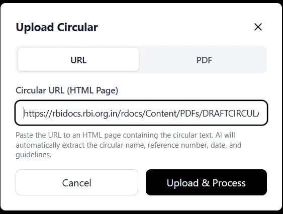 Upload regulatory circular interface
