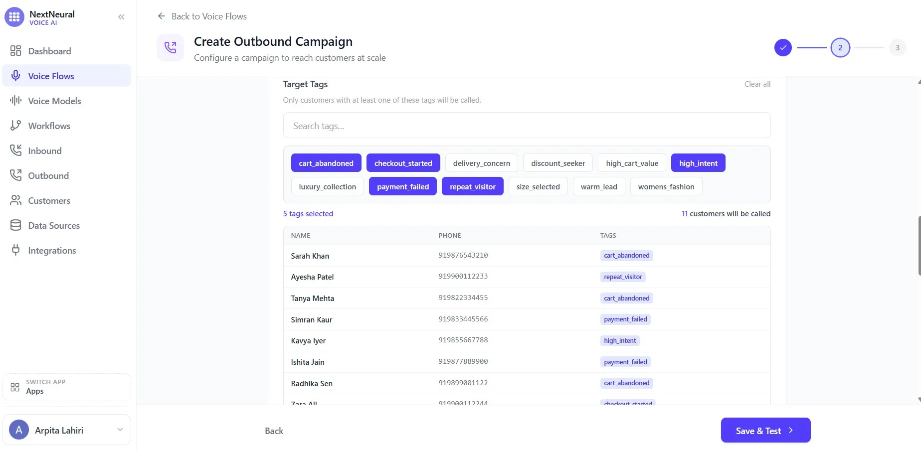 Target tag selection showing cart_abandoned, high_intent, payment_failed, and repeat_visitor customers