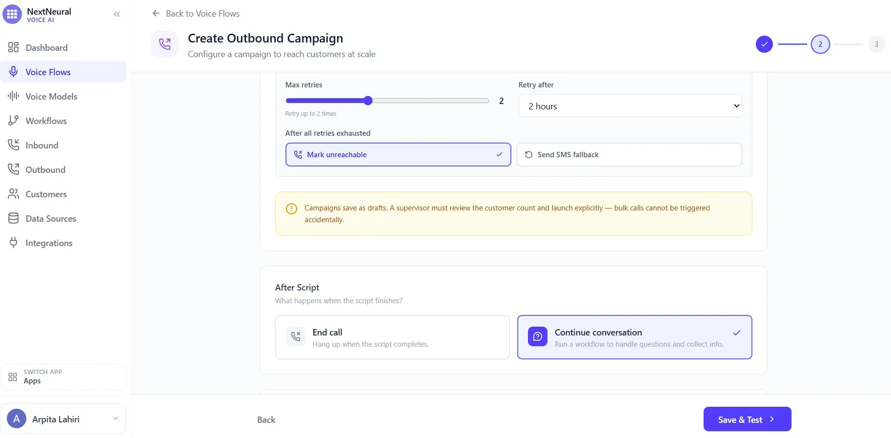After script setting configured to Continue Conversation for the cart recovery workflow