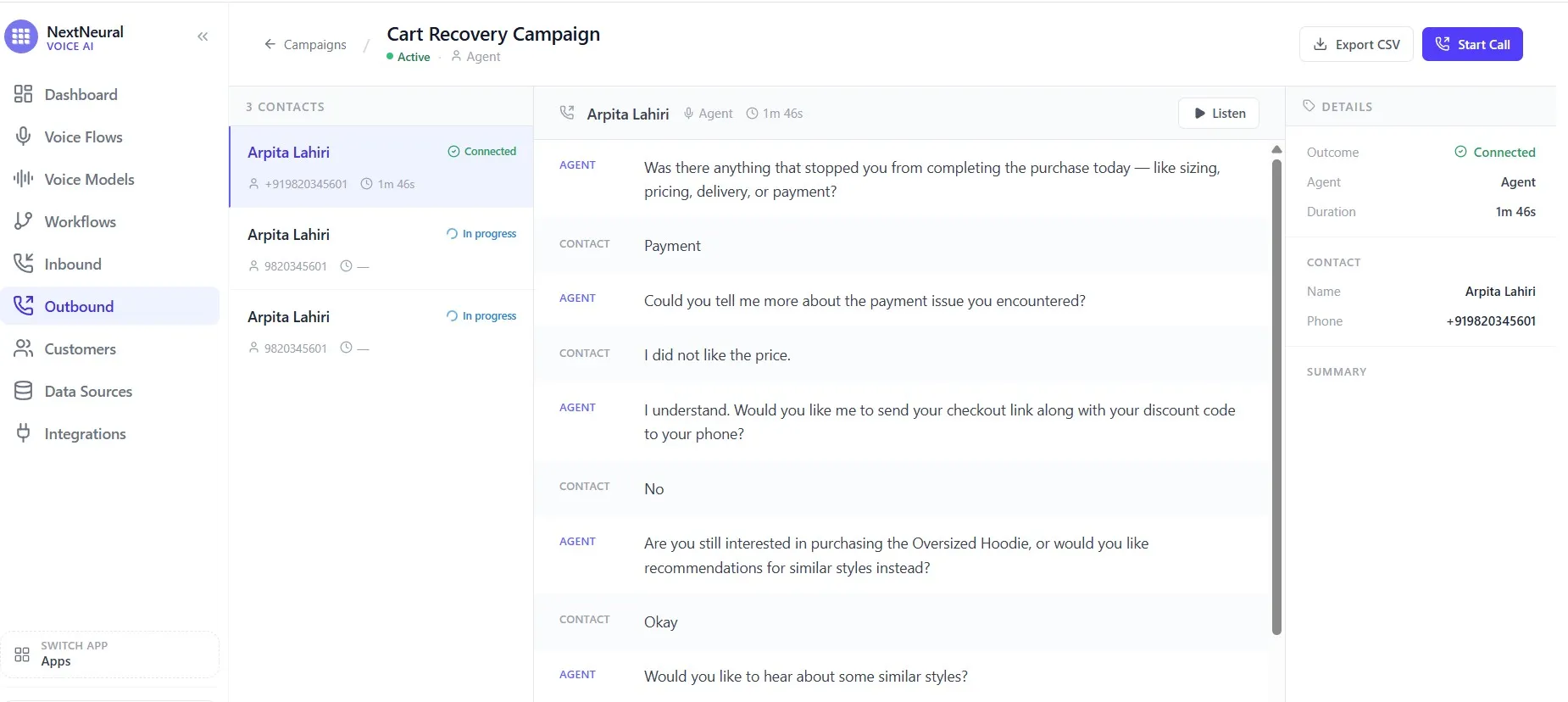 Live call transcript showing real-time conversation between the AI agent and customer