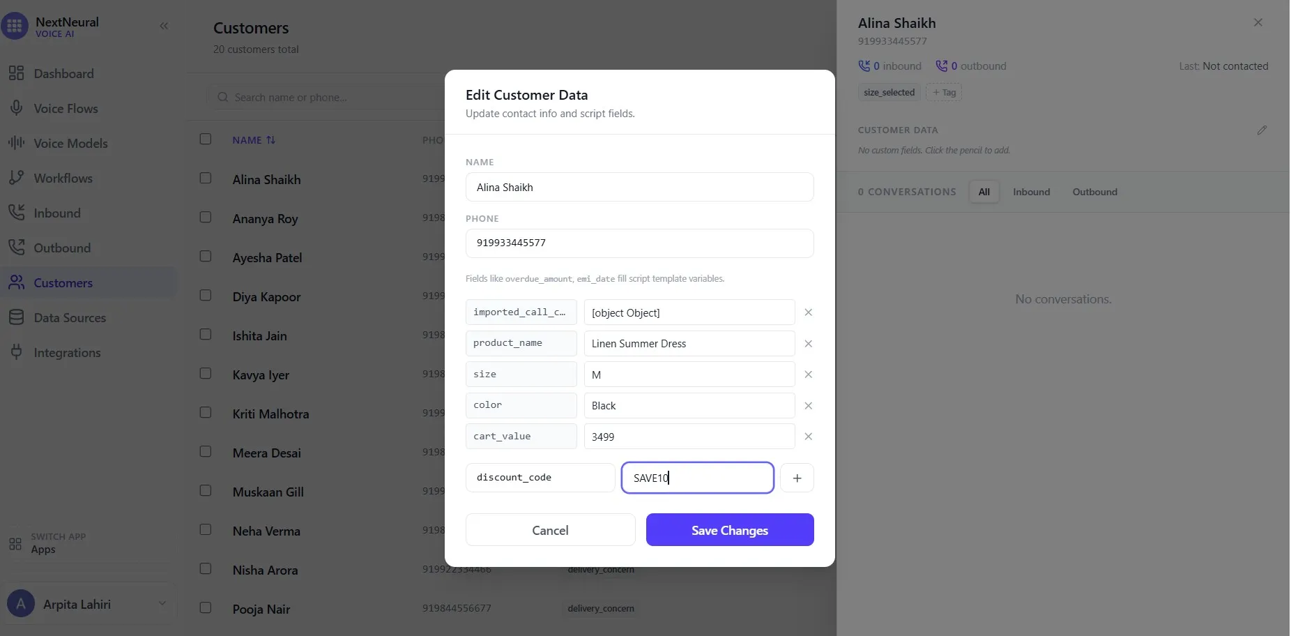 Editing customer data with product name, size, cart value, and discount code fields