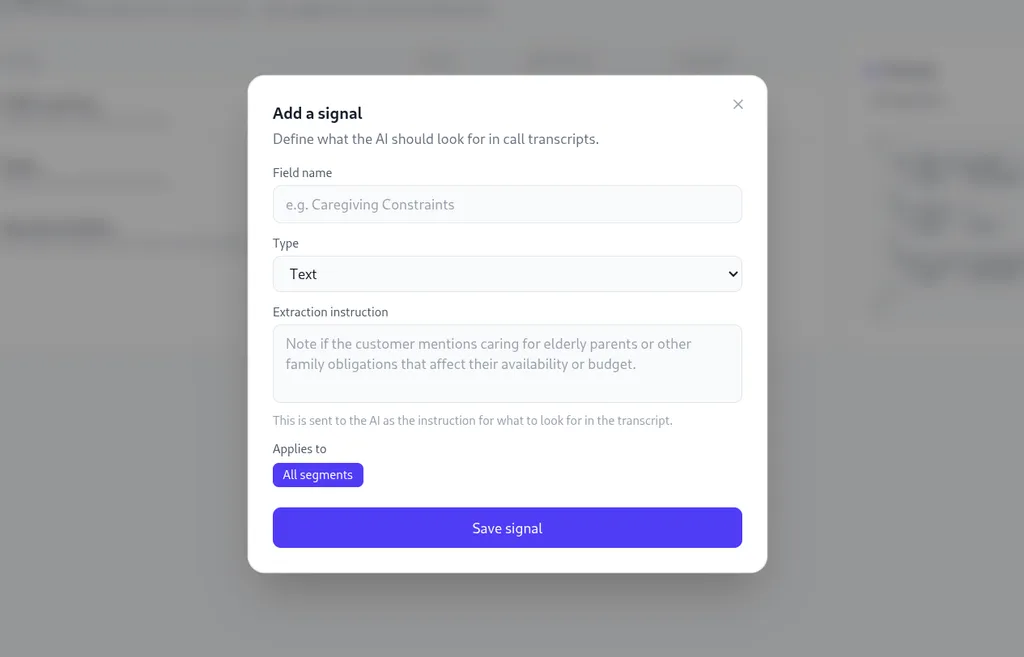 Add a signal dialog — defining a custom AI signal to extract caregiving constraints from call transcripts