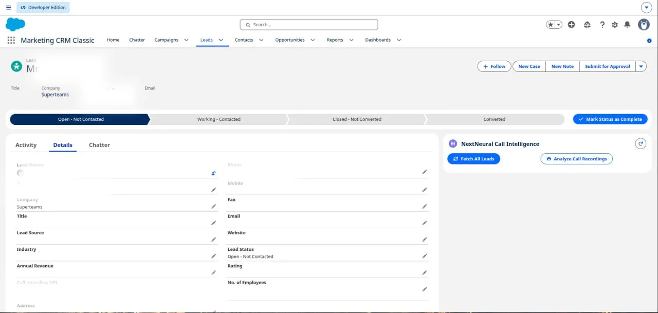 NextNeural Call Intelligence widget embedded on a Salesforce Lead page, with Fetch All Leads and Analyze Call Recordings buttons