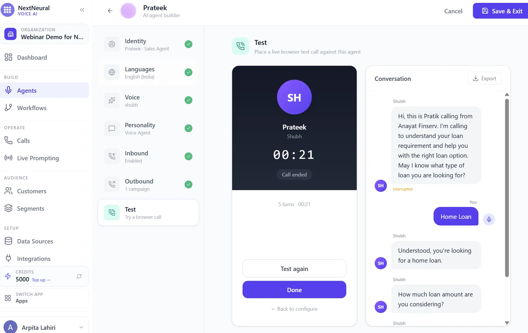 Live test call transcript showing the agent asking about loan type and the caller responding Home Loan in real time