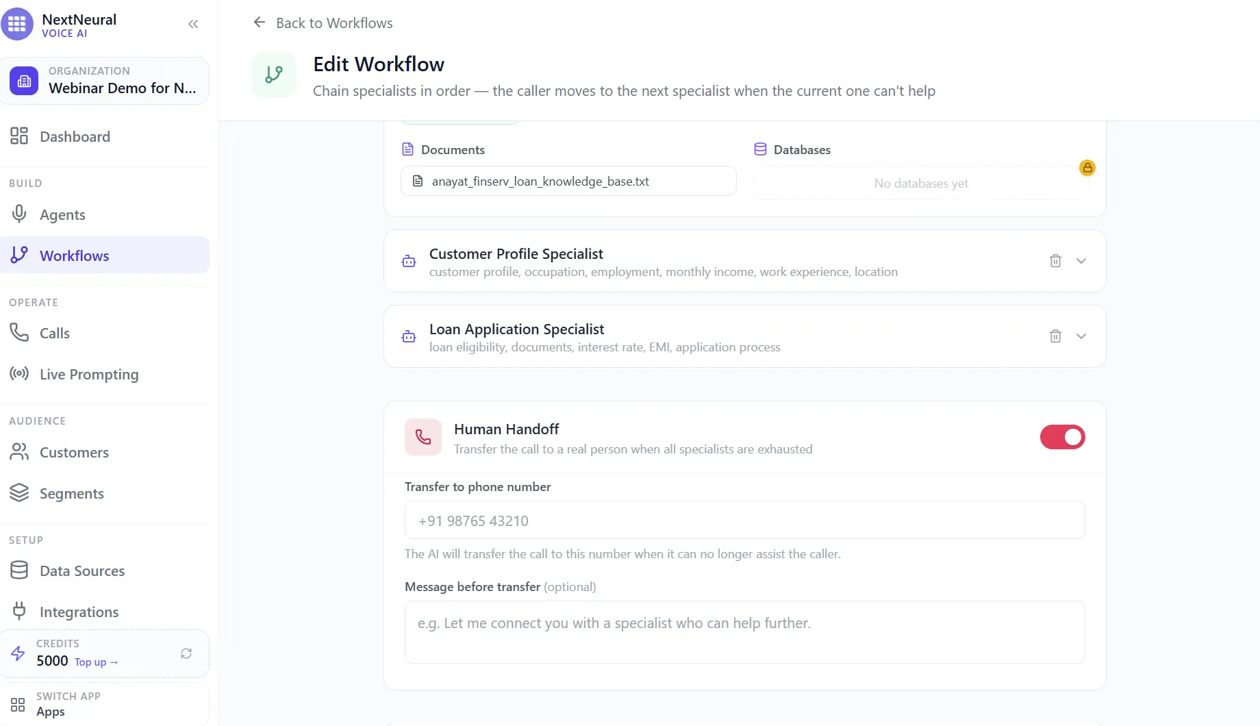 Workflow specialist chain showing the Customer Profile and Loan Application specialists, with Human Handoff configured to transfer to a phone number with a message before transfer