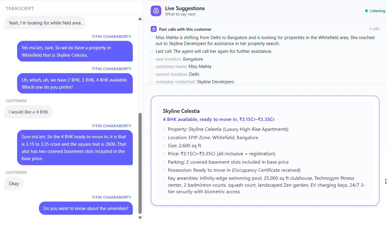 NextNeural Assist agent screen showing three concise answers on carpet area, RERA possession date and PLC and floor-rise charges, surfaced from approved project documents