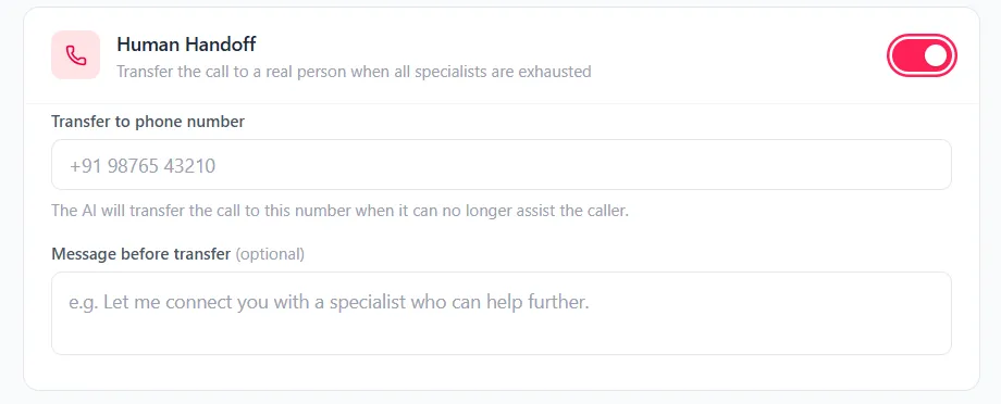 NextNeural Converse Human Handoff settings with a transfer phone number and an optional message before the call is transferred to a real person